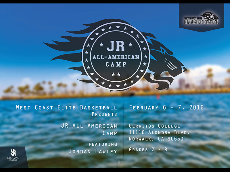 West Coast Elite Basketball WCEB JR All-American Camp logo & info graphic design by Rodezno Studios.