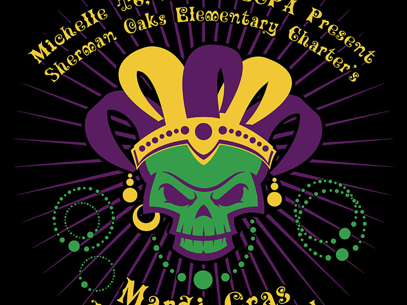 Evil Mardi Gras Skull King logo & graphic design by Rodezno Studios for SOEC (Sherman Oaks Elementary Charter) Halloween Carnival 2016.